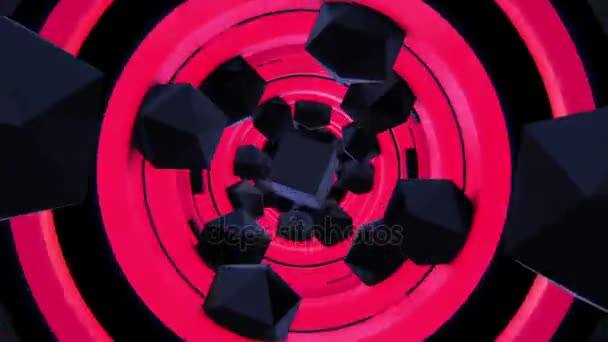 Pièces noires volantes dans un tunnel rouge 