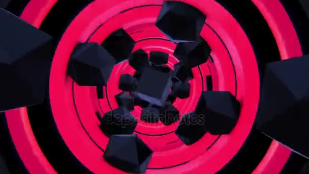 Flying black pieces in red tunnel — Stock Video