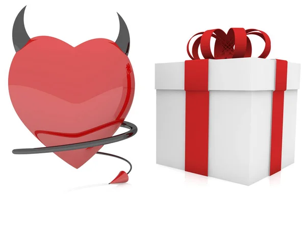 Чертово красное сердце с рогом и хвостом возле подарочной коробки — стоковое фото