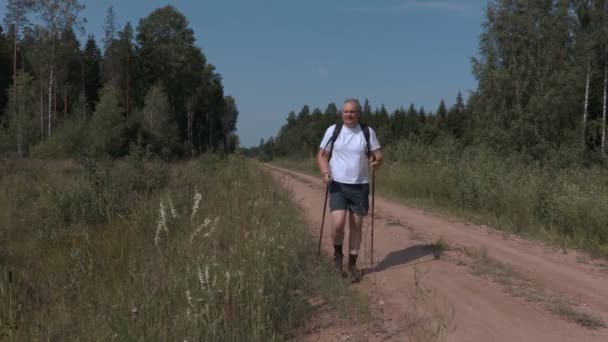 Caminante con bastones de senderismo al lado de la carretera rural — Vídeo de stock