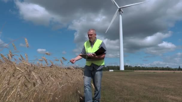 Landwirt kontrolliert Getreide in der Nähe von Windkraftanlage — Stockvideo