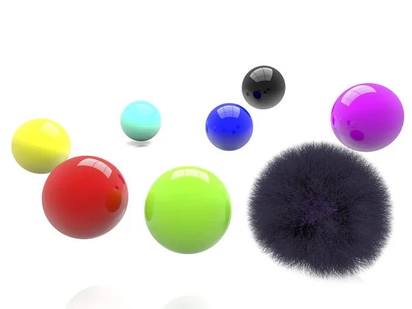 Svart fluffig boll med färgglada bollar runt — Stockfoto