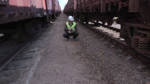 Железнодорожный рабочий между двумя рядами вагонов — стоковое видео
