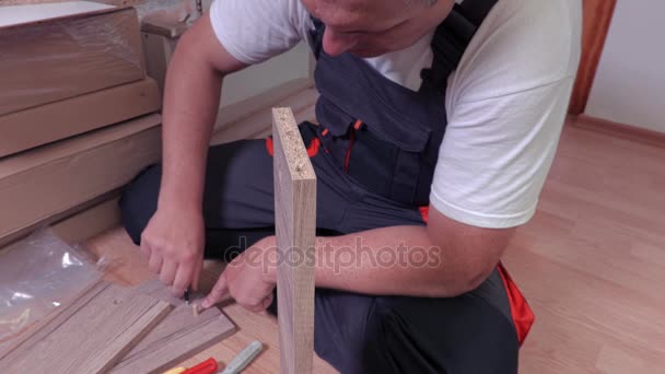 Trabalhador corrige pinos e parafusos de madeira — Vídeo de Stock