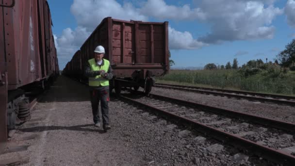 Trabalhador ferroviário entre duas fileiras de vagões — Vídeo de Stock