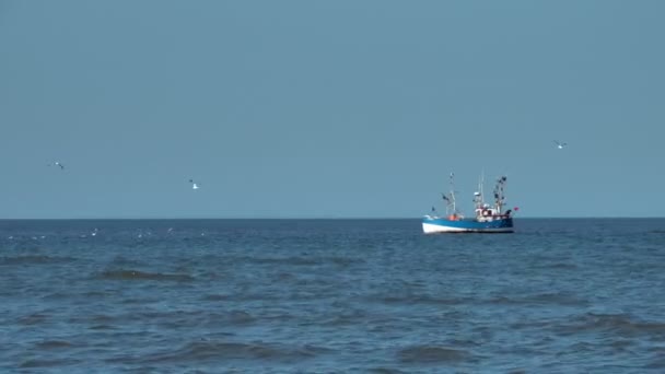 Barco pesquero de arrastre en el mar a la distancia — Vídeos de Stock