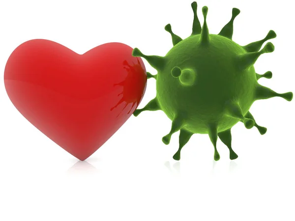 Red heart with green virus — Stock Photo, Image