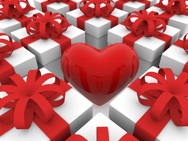 Corazón rojo entre cajas de regalo filas —  Fotos de Stock