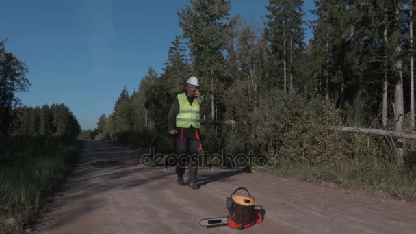 Lesní dělník mluví do telefonu poblíž padlý smrk — Stock video