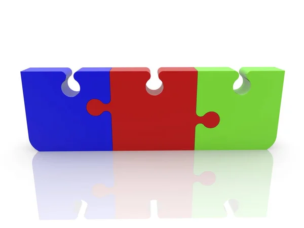 Three Puzzle Pieces Different Colors Stick Together Illustration — Stock Photo, Image