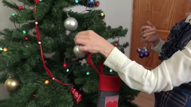 クリスマスの飾りとクリスマス ツリーの近くの女性 — ストック動画