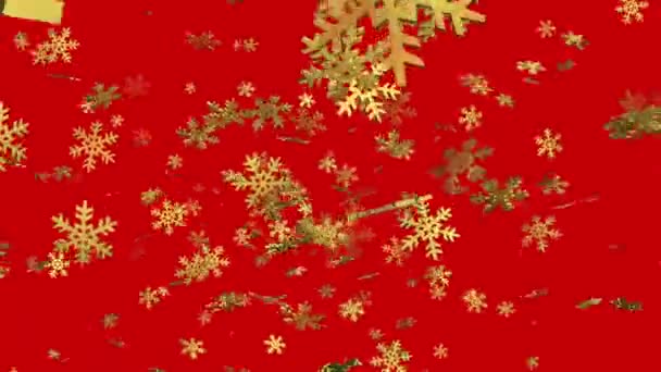 Roterende Vallende Sneeuwvlokken Gouden Kleur Rood — Stockvideo