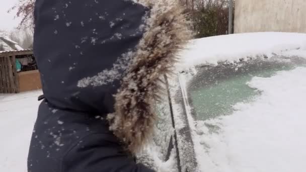 Woman Cleaning Car Snowfall — Stock Video