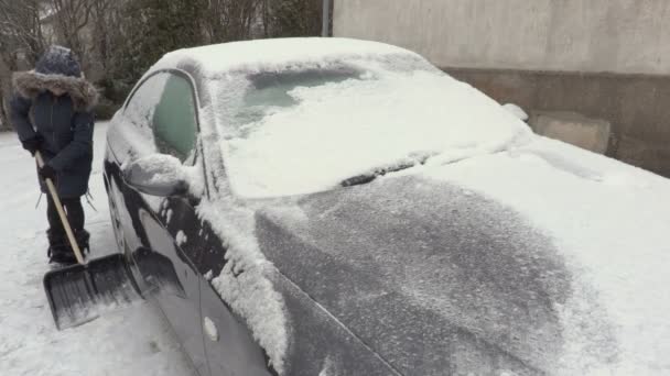 Γυναίκα Απομάκρυνση Χιονιού Γύρω Από Αυτοκίνητο Χιονόπτωσης — Αρχείο Βίντεο