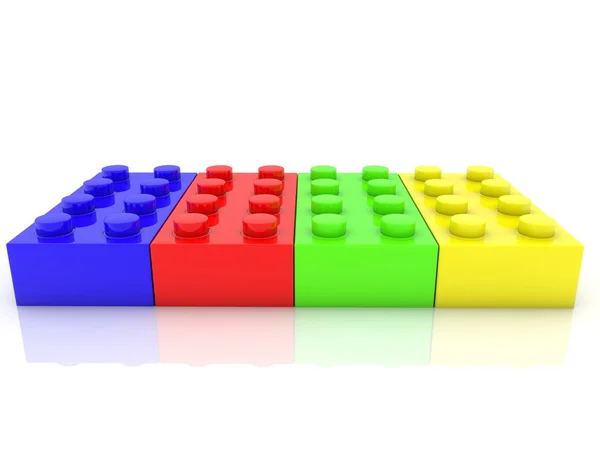 Vier Spielzeugsteine Verschiedenen Farben Auf Weiß Abbildung — Stockfoto