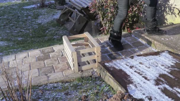 Woman Brings Basement Wooden Boxes — Stock Video