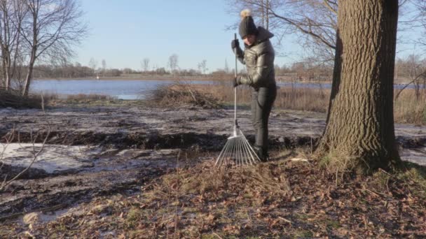 妇女清洁边缘在季节之前湖 — 图库视频影像