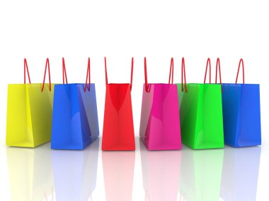 Satır white.3d resimde üzerinde renkli alışveriş torbaları
