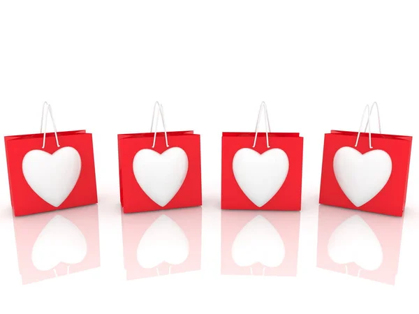 Nákupní Tašky Červené Barvě Bílým Červené Hearts Obrázek — Stock fotografie