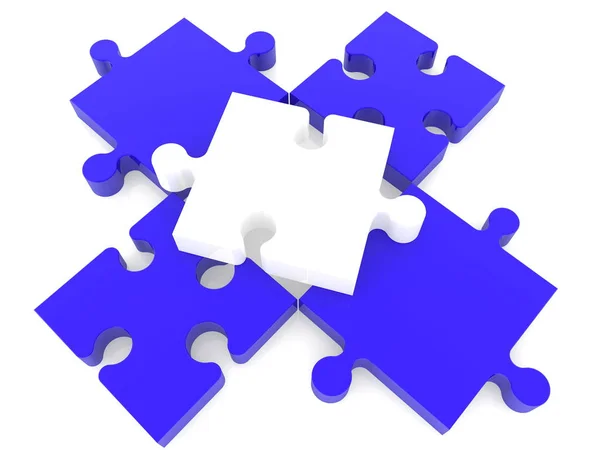 Bílé Části Skládačky Čtyři Připojené Modrý Puzzle Pieces Obrázek — Stock fotografie
