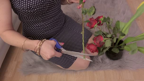 Woman Holding Rose Scissors — Stock Video