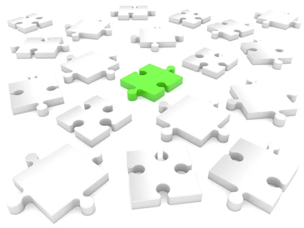 Bílé Puzzle Kusů Kolem Jednoho Zelená — Stock fotografie
