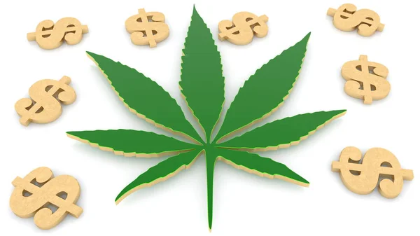 Concetto Foglia Marijuana Con Segni Dollaro Oro — Foto Stock