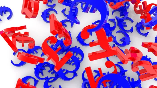 Falling euro and pound sign in red and blue