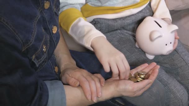 Familie Hält Rosa Sparschwein Und Steckt Münzen Hinein — Stockvideo