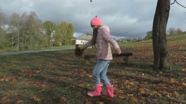 Menina Girando Com Folhas Outono Nas Mãos — Vídeo de Stock
