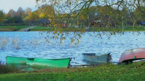 Vista Sobre Lago Con Fila Barcos — Vídeos de Stock