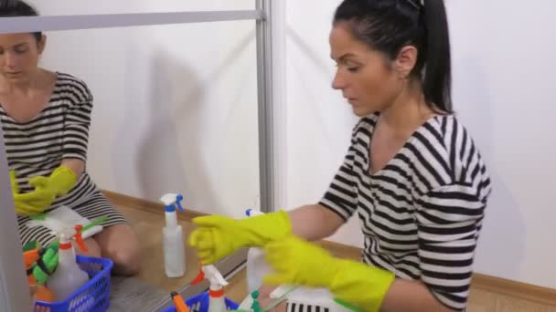鏡の近くの女性掃除 家事の概念 — ストック動画