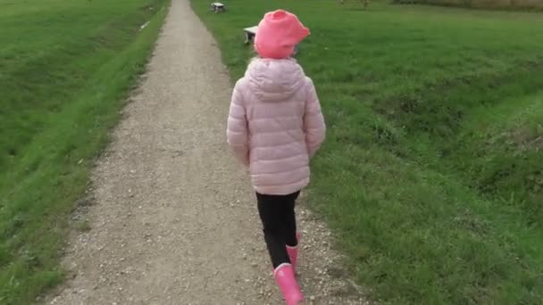 Happy Little Girl Walking Path — Stock video