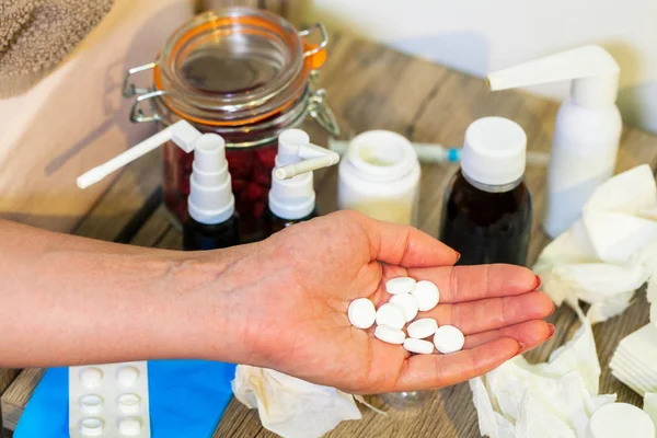 Sick Woman Rest Bed Taking Medicine — Stock Photo, Image