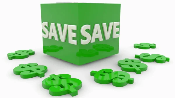Зеленый Куб Концепцией Спасения Зелеными Знаками Доллара Вокруг — стоковое фото