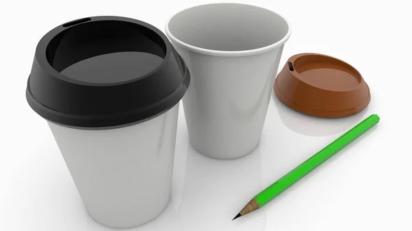 緑の鉛筆でコーヒーカップを2つ奪う — ストック写真