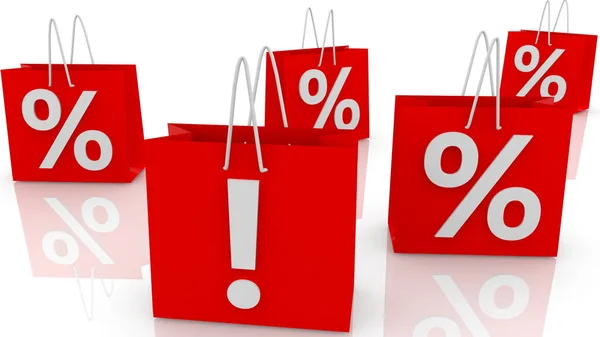 Piros Bevásárlótáskák Felkiáltással Százalékos Koncepcióval — Stock Fotó