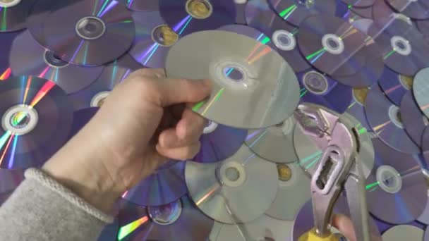 Žena Snaží Rozbít Nebo Dvd Disk — Stock video