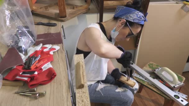 Female Carpentry Manual Worker Repairing Old Furniture Home — Stock Video