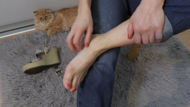 女性はかわいい足をこすります 猫アレルギーの概念 — ストック動画