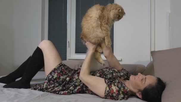 Lycklig Kvinna Håller Och Leker Med Katt Sängen Hemma — Stockvideo