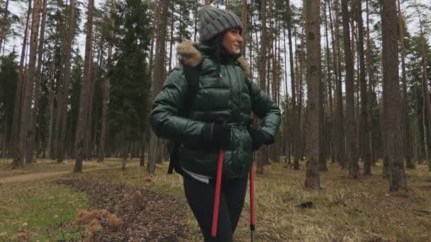 Happy Hiker Woman Trekking Poles — Stock video
