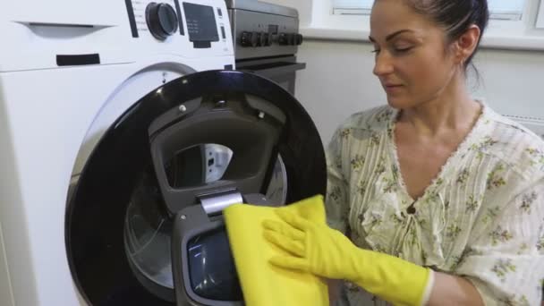 Mulher Feliz Dona Casa Máquina Lavar Roupa Casa — Vídeo de Stock