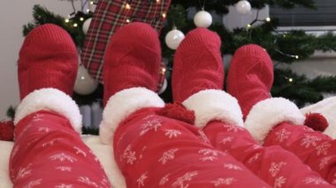 Noel ağacının önünde duran örgülü kırmızı çoraplı aile bacakları.