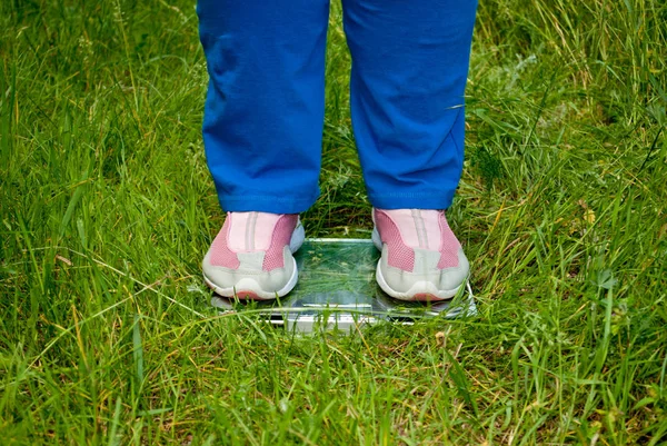 Sport sportswoman fat woman lose weight standing on the scales legs, blue sports trousers knee-deep in pink sneakers glass transparent scales on green grass blurred background front view
