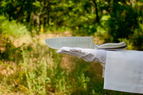 Bir garsonun el Beyaz eldiven ve beyaz peçete ile doğa yeşil çalılar ve ağaçlar bulanık bir arka plan üzerinde metal saplı gümüş metalden yapılmış büyük bir metal bıçak tutan