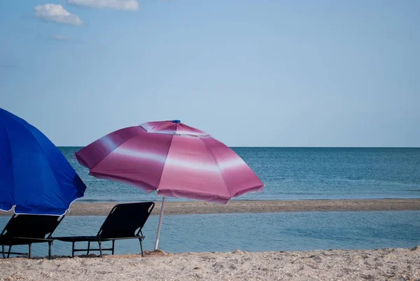 Zwei Blaue Liegestühle Und Ein Blauer Und Pinkfarbener Großer Sonnenschirm — Stockfoto