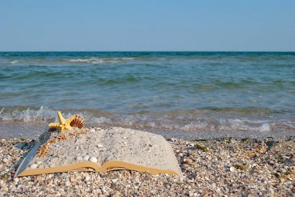 Açık kitap yakın çekim sarı kum deniz kabukları sarı yıldız Yalı mavi deniz Beach mavi gökyüzü arka plan ve beyaz dalga yaz gün hafta sonu dinlenme kompozisyon üzerinde yatıyor
