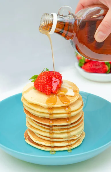 Stack Pancakes Maple Syrup Berries — Stock Photo, Image