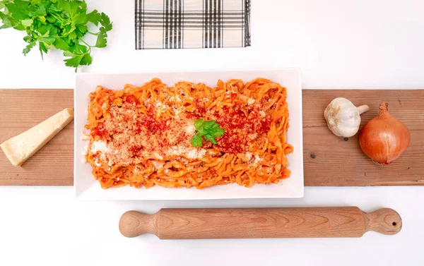 Italian Pasta Tomato Sauce Grated Parmesan Cheese — Stock Photo, Image
